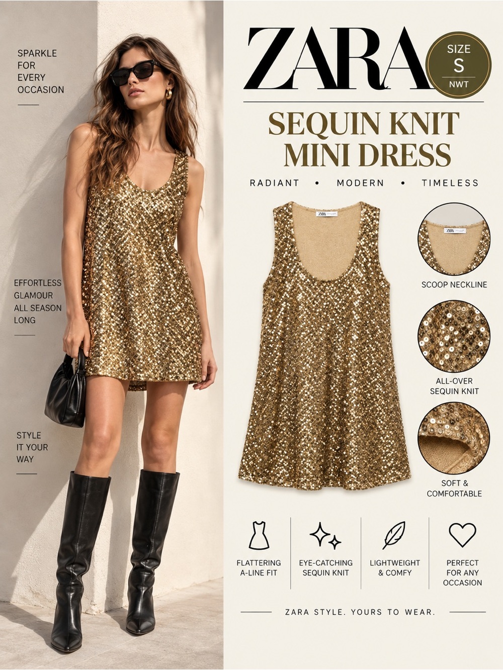 ZARA Gold Sequin Knit Mini Dress Size S NWT Sleeveless A-Line Party Dress